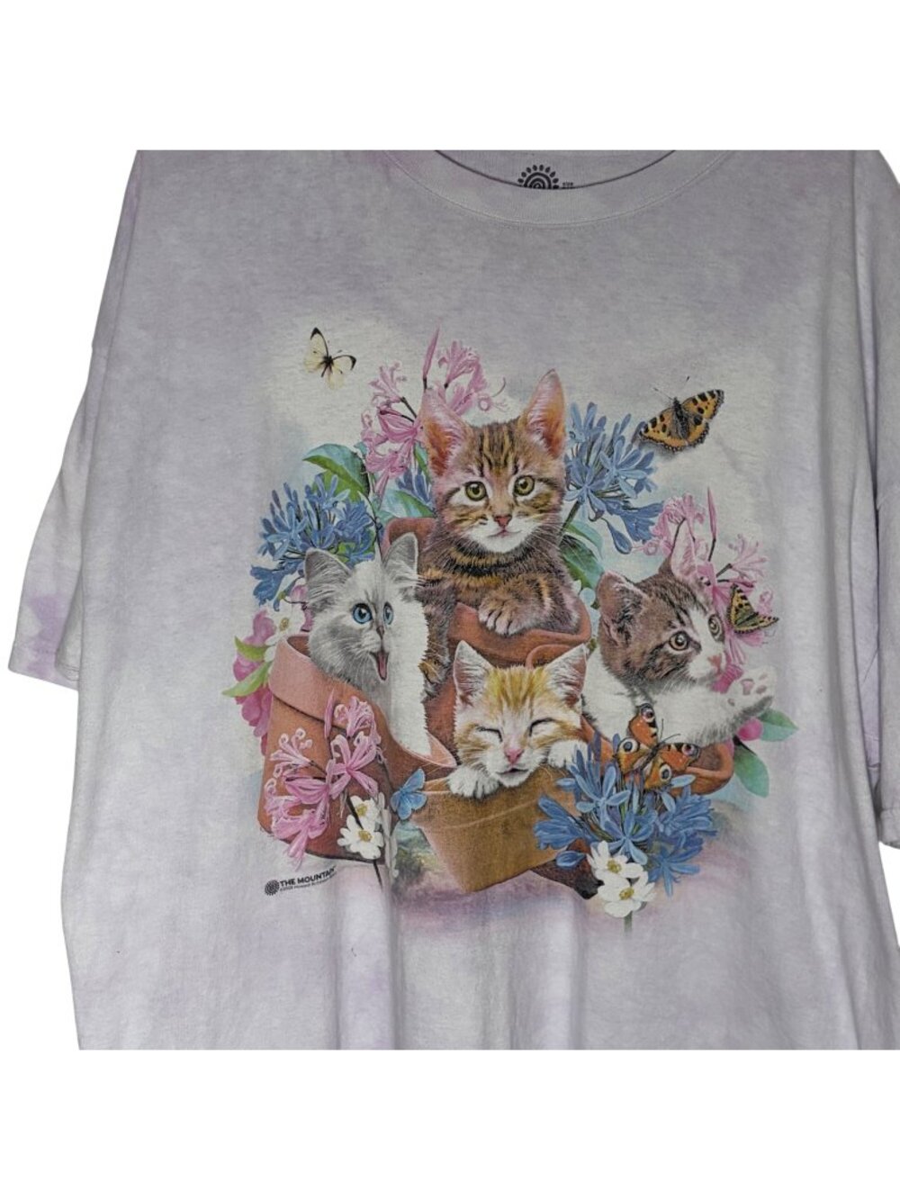 The Mountain Kittens & Flowers T Shirt Womens 3X Purple Tie Dye Cats in Pots